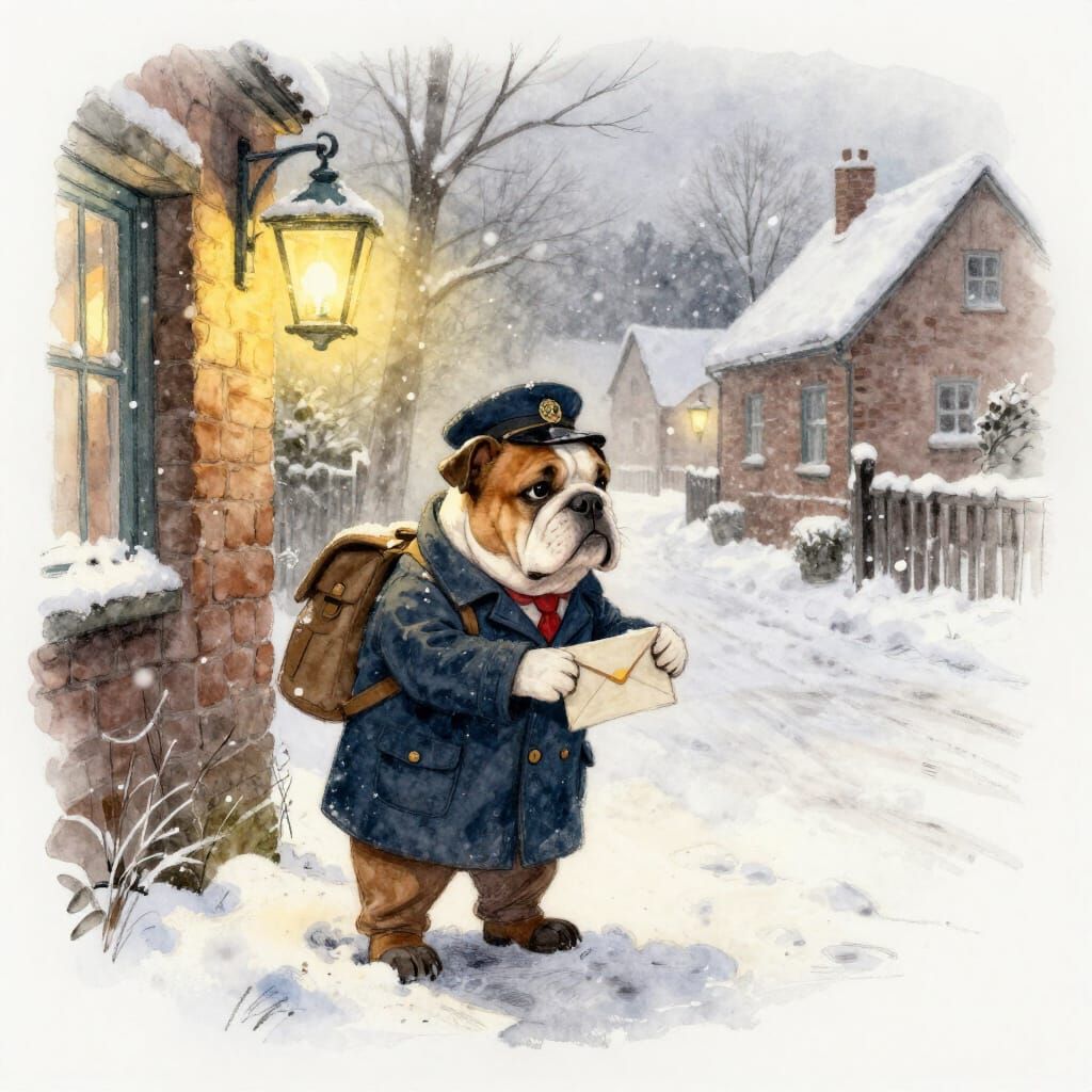 Charming Bulldog Postman in Snowy Village Lane