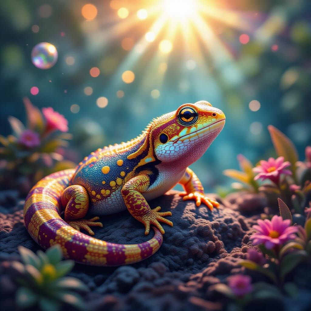 Salamander Basking on Venus Amidst Cosmic Energies