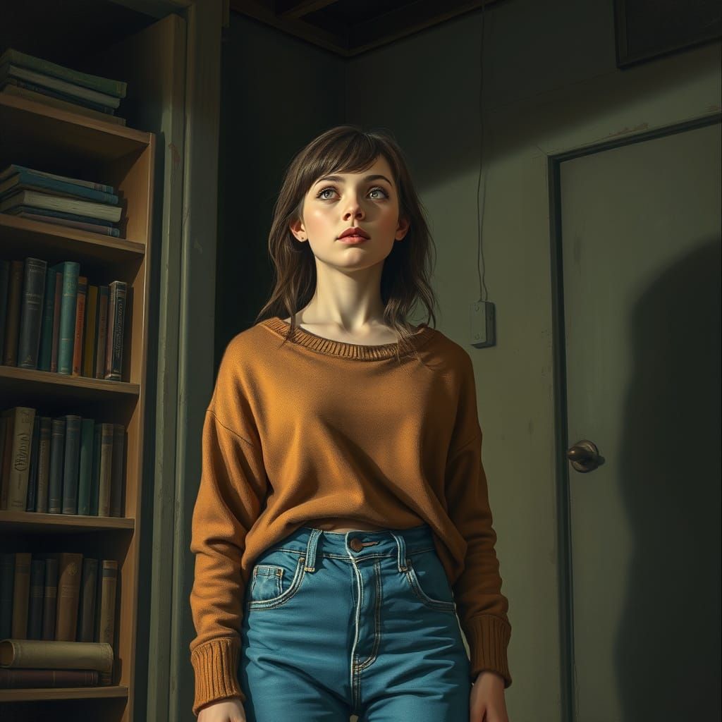 Woman Finds Hope in Dusty Bookshelf, Mystical Realism