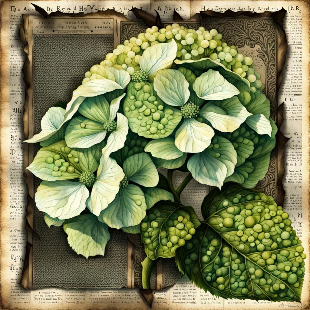 Hydrangea Branch Watercolor Drawing on Newspaper