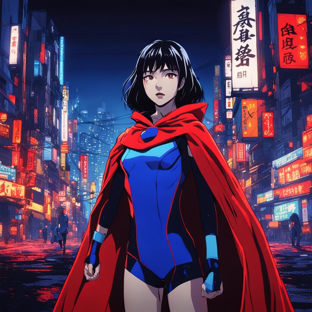 Anime Superheroine in Neon Cityscape