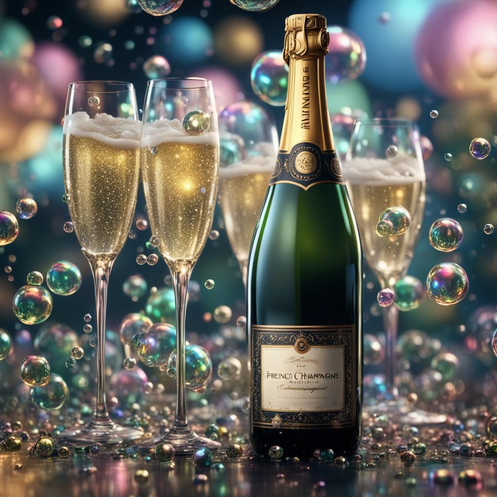 Iridescent Bubbles in Sparkling French Champagne