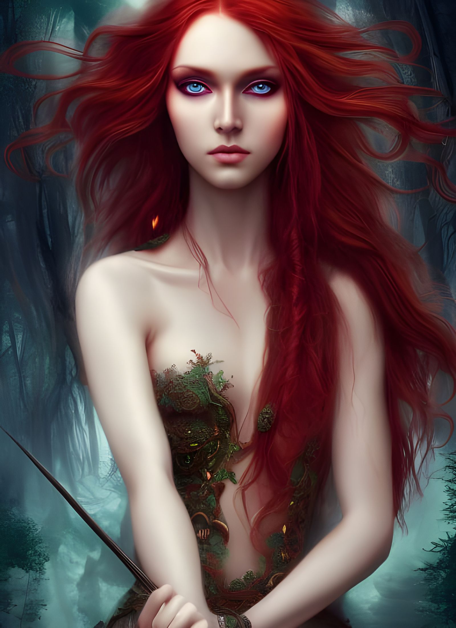 Beautiful Goddess with Red Hair, Hyper-Realistic Digital Art