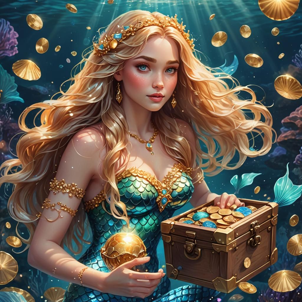 Mermaid with Treasure Chest: Watercolor Fantasy Art