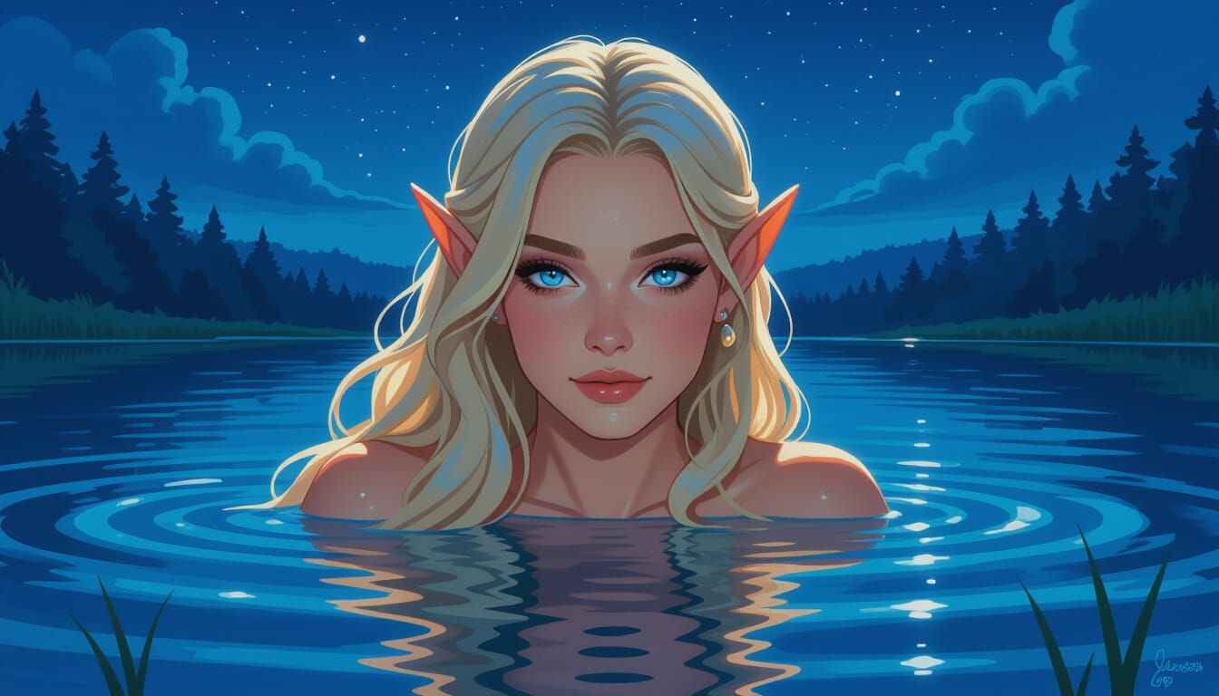 Elf Woman Swimming in Lake at Night in Fantasy Style