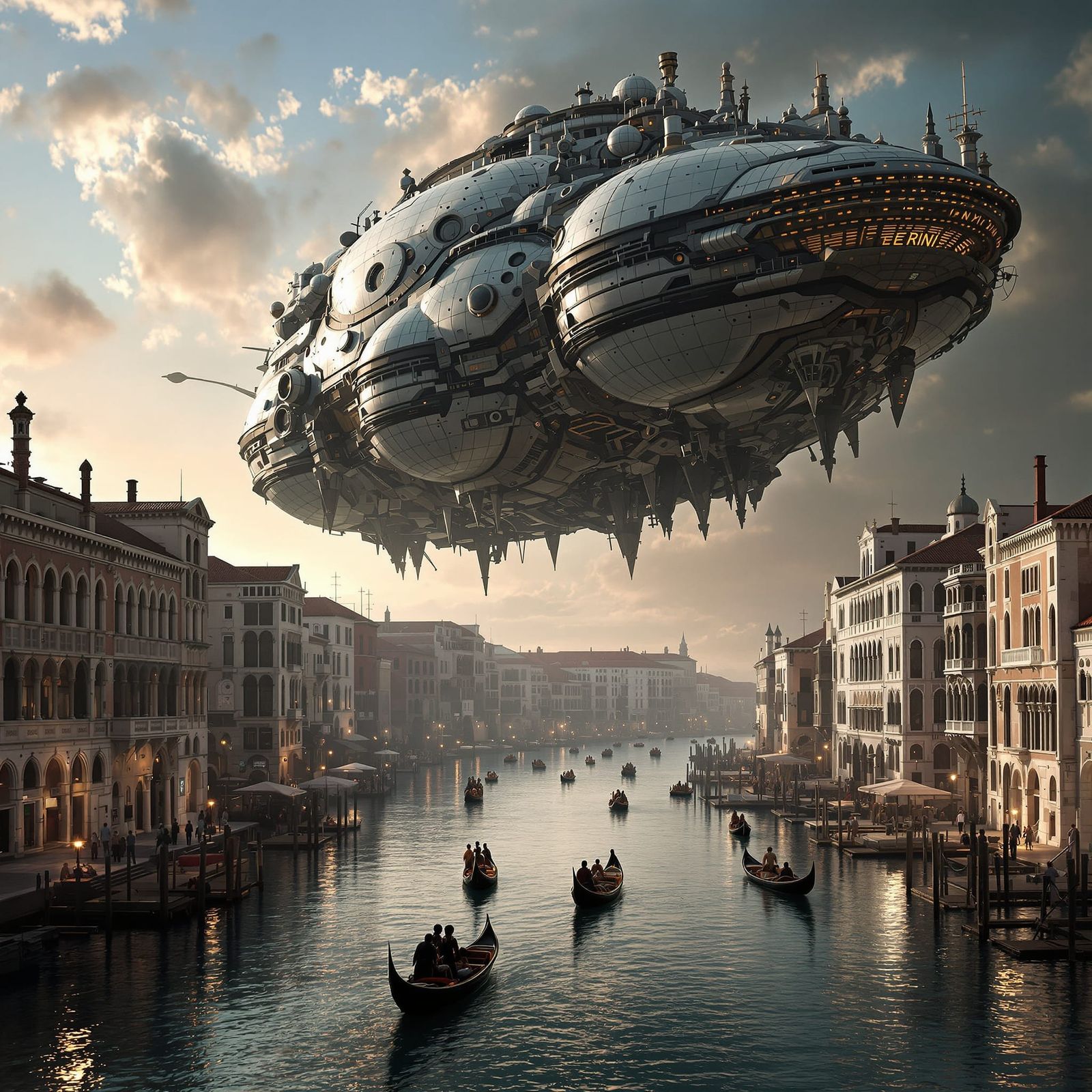 Ancient Spaceship Over Venetian Canal in Surrealist Style