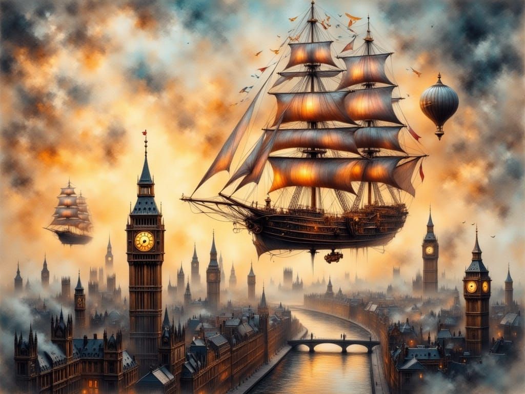 Surreal Steampunk Airship soars above Victorian-Era City