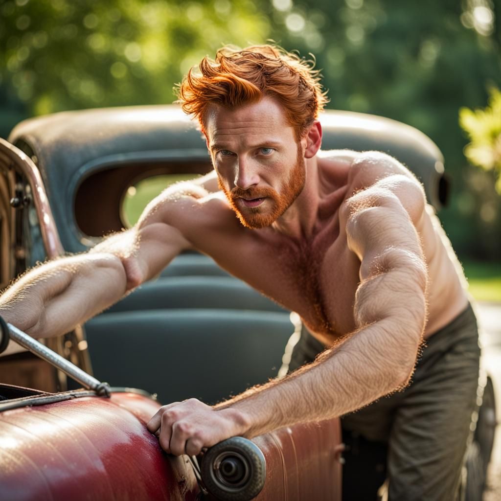 Ginger Man Cleans Antique Car on Summer Afternoon