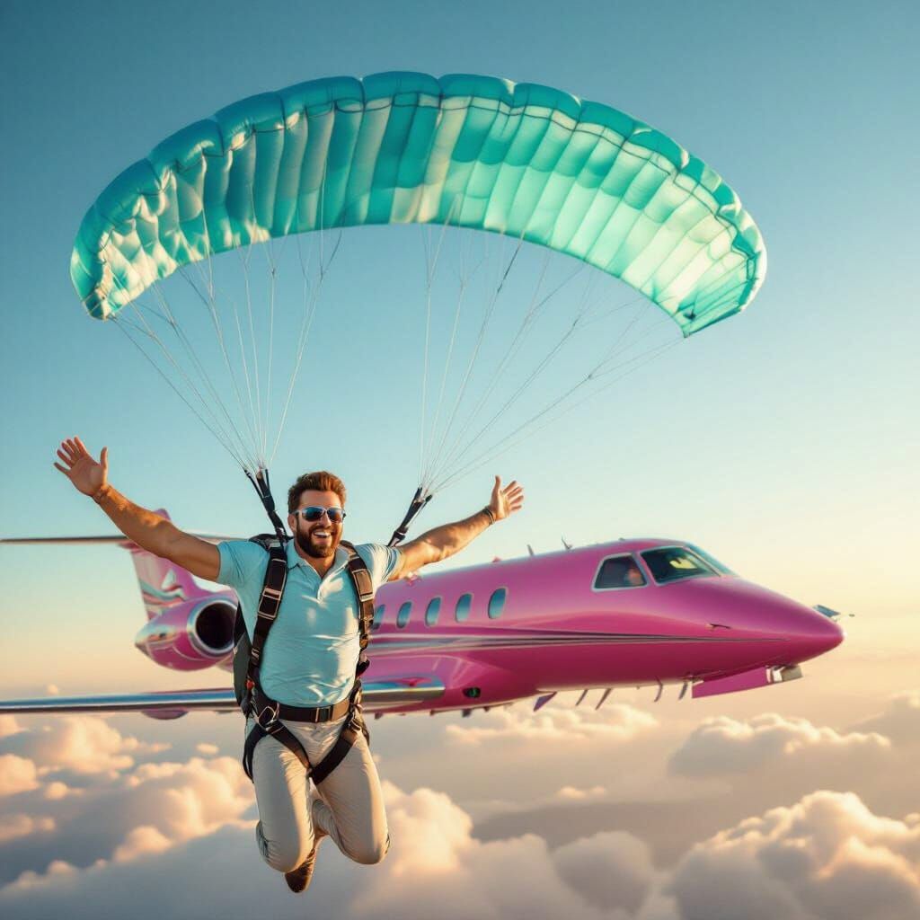 Man Skydiving With Pink Jet, Retro Adventure Style
