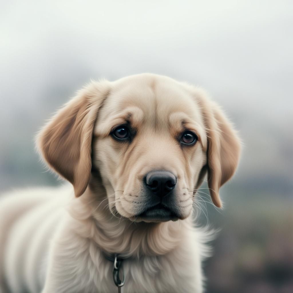 Photorealistic Labrador Puppy Portrait in Blurry Film Style