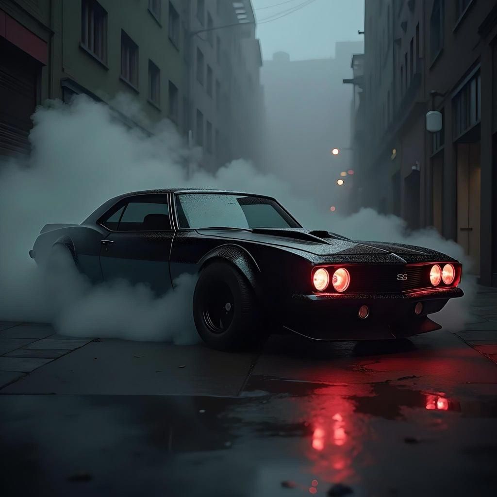 Futuristic Camaro in Dark Alley with Red Glow