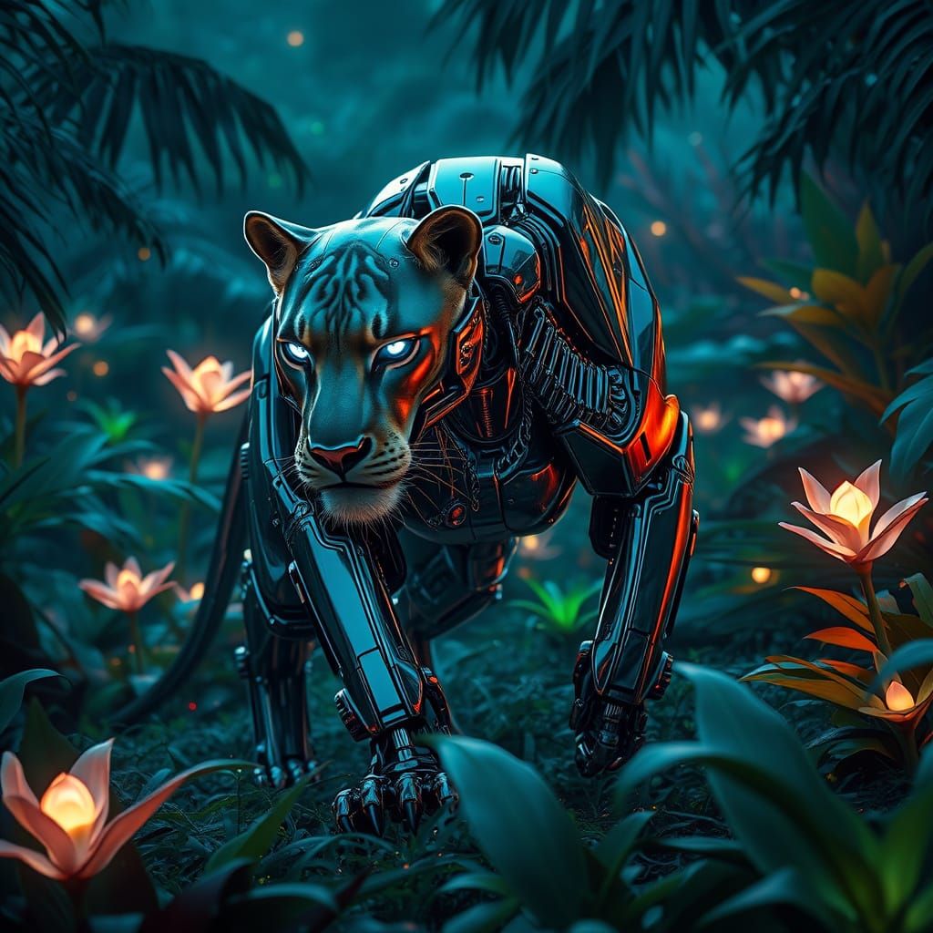 Cyberpunk Robotic Lioness Prowls Futuristic Jungle