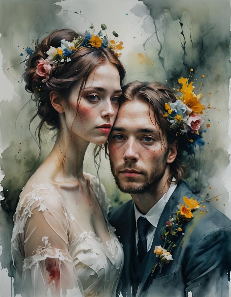 Romantic Wedding Portrait in Watercolor Style
