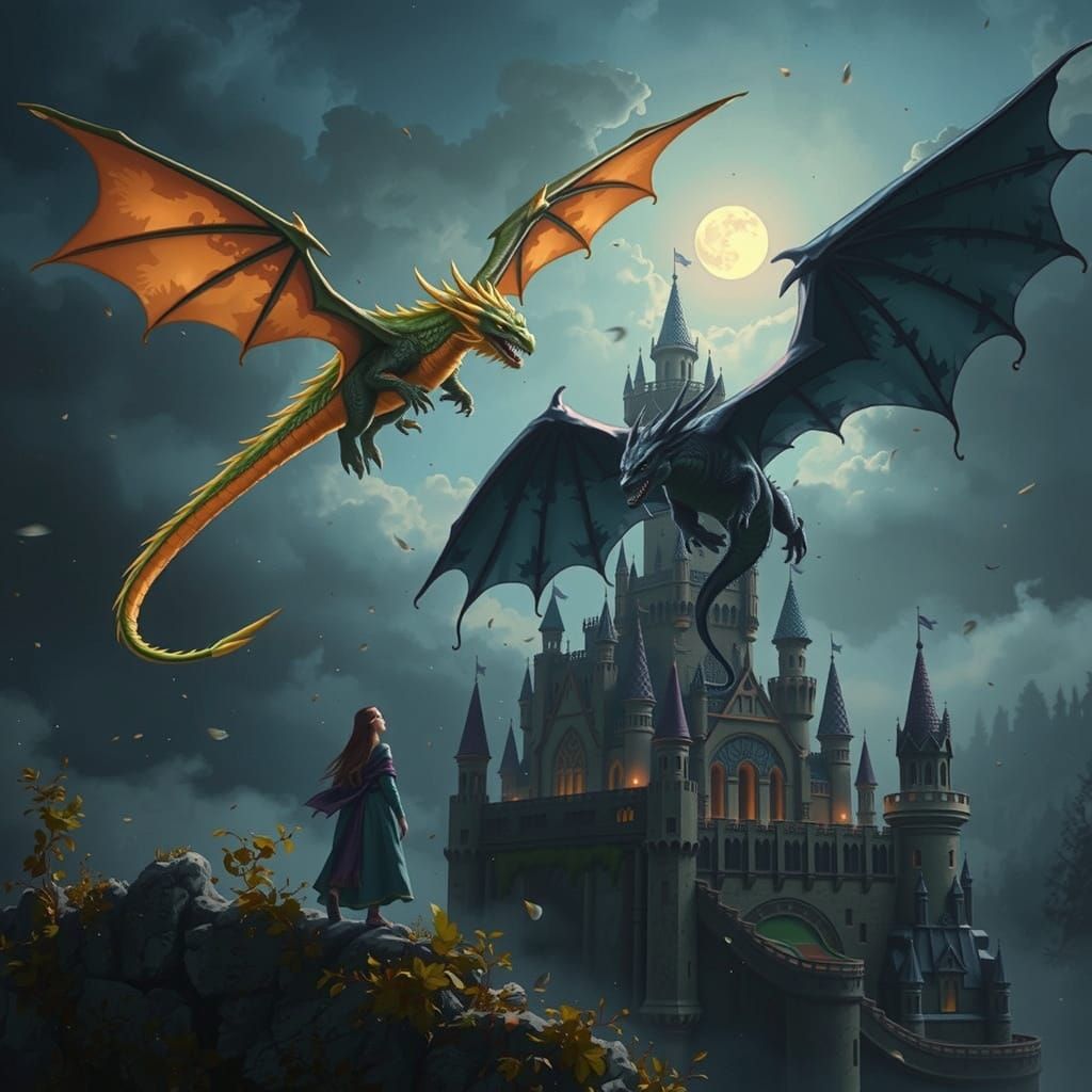 Gold & black dragons flying over a small woman near a castle