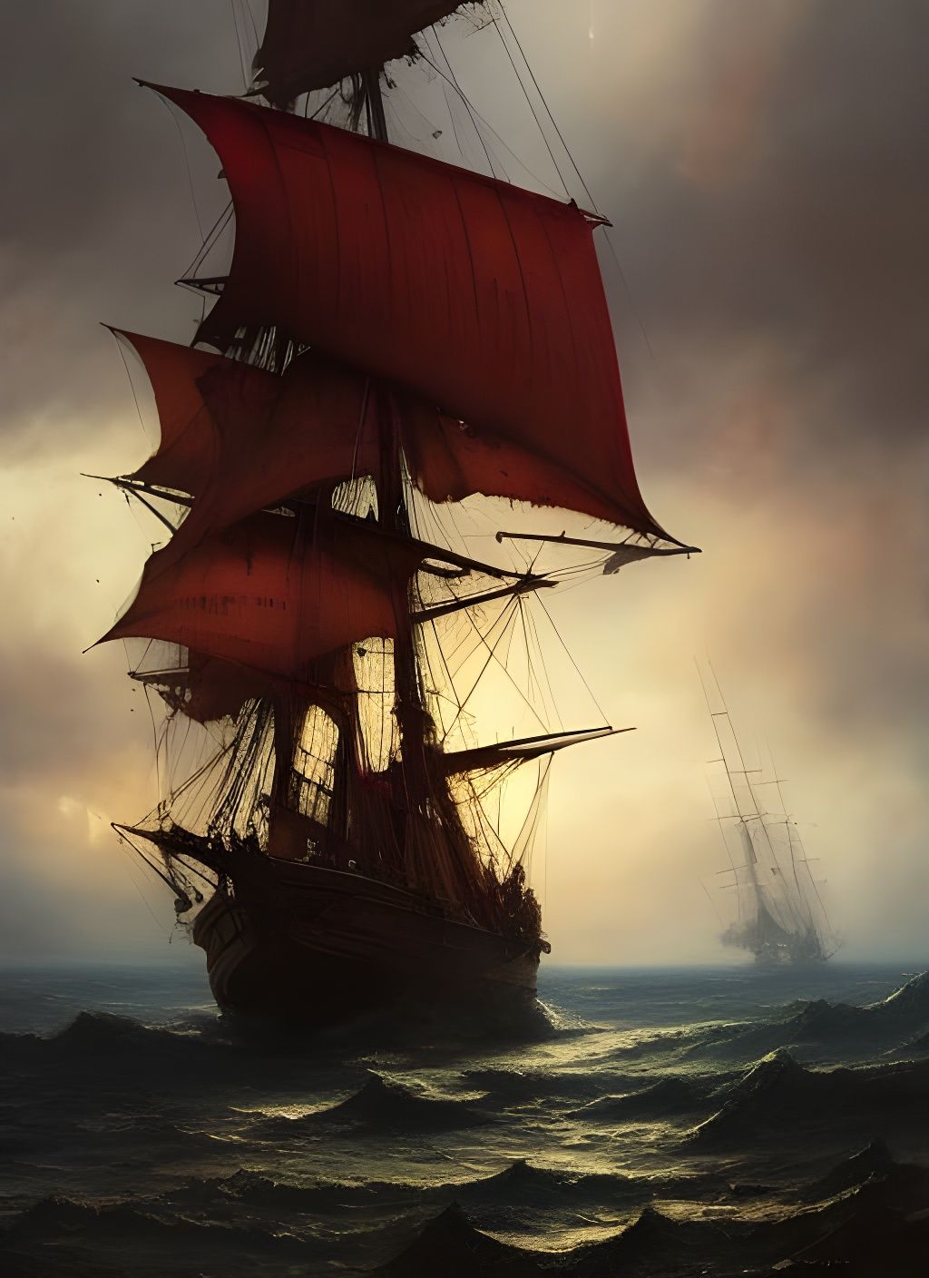 Whimsical Crayon Pirate Ship with Red Sails