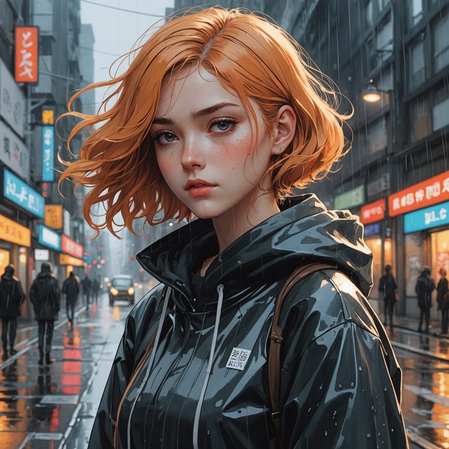 Lonely Anime Girl Walking in Rain, 8k Resolution