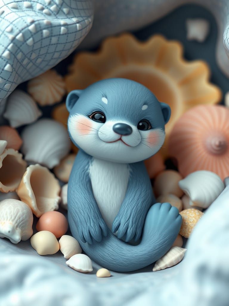 Vibrant Blue Sea Otter Pup in Whimsical Seashell Scene