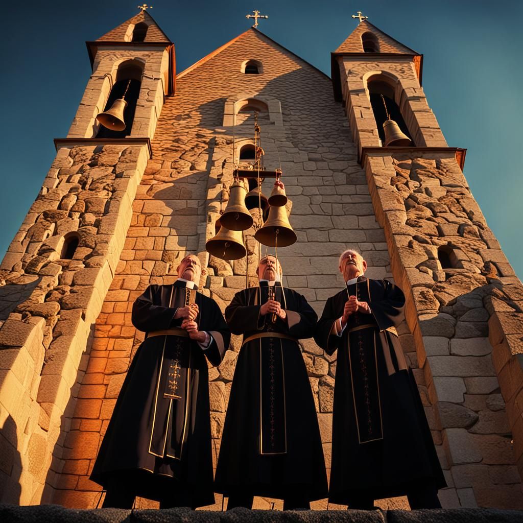 Priests Ringing Church Bells at Golden Hour
