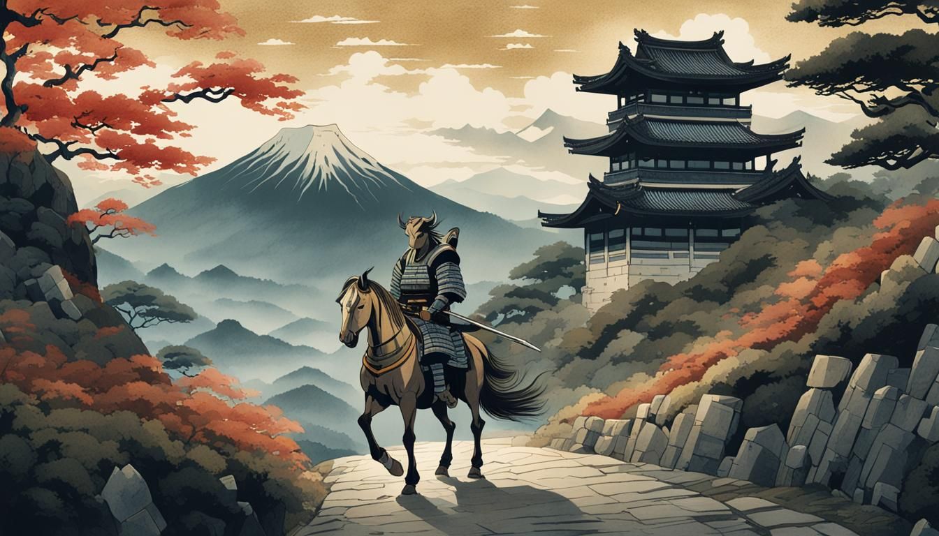 Samurai Centaur Patrols Mountain Fortress, Ukiyo-e Style