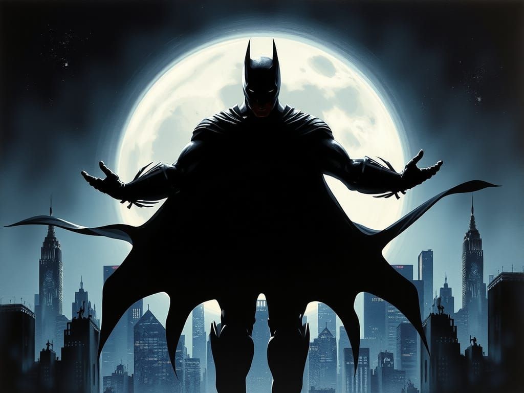 Batman Silhouette Against Gotham Moon, Impressionistic Style