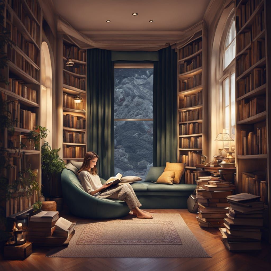 Woman Reading in Cozy Book Nook
