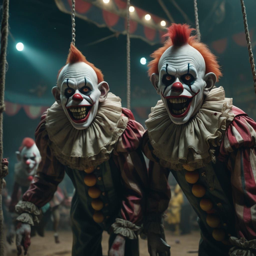 Surreal Circus Horror Clowns Leap from Trapeze in Moody Aban...