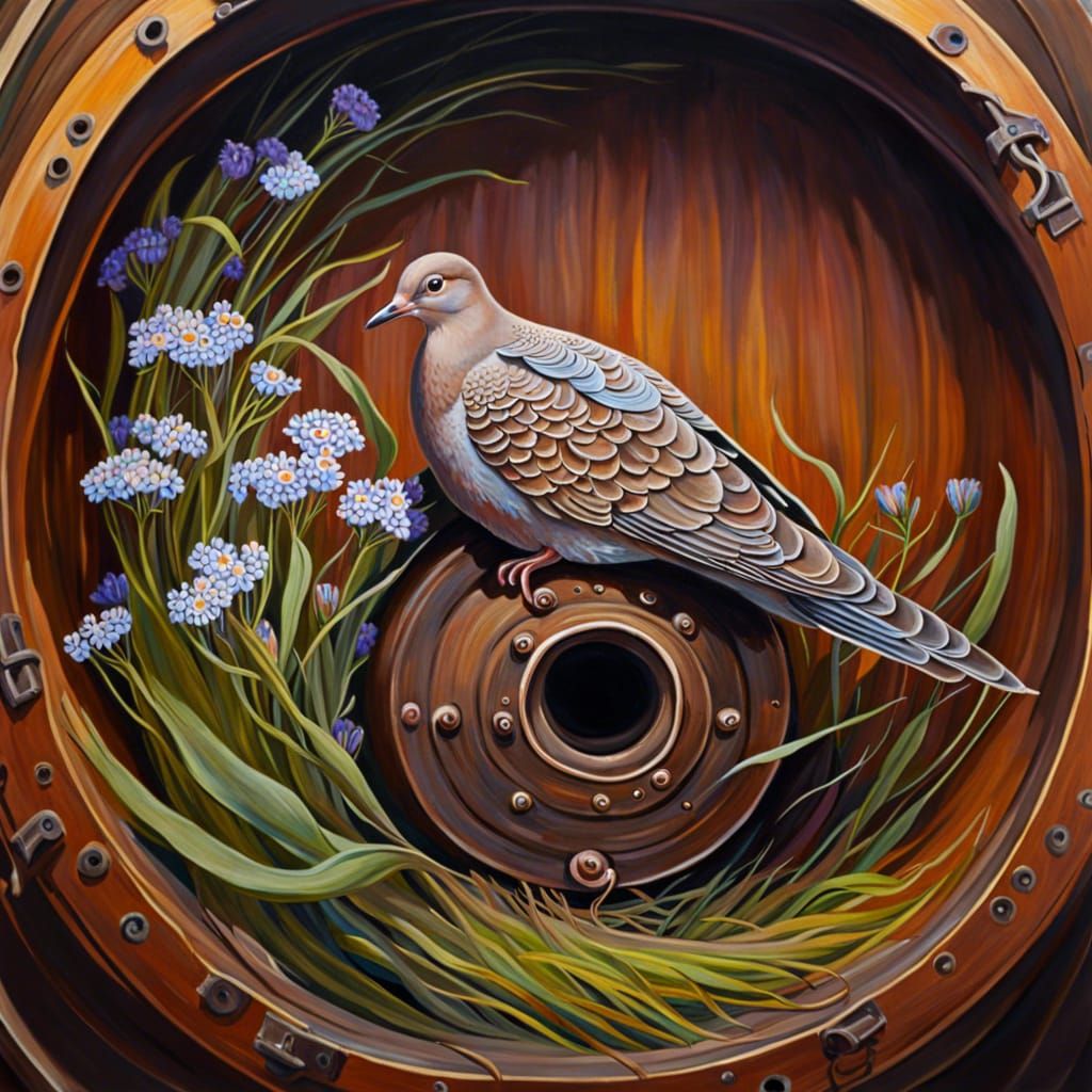 Serene Oil Painting: Dove, Cannon, and Wildflowers