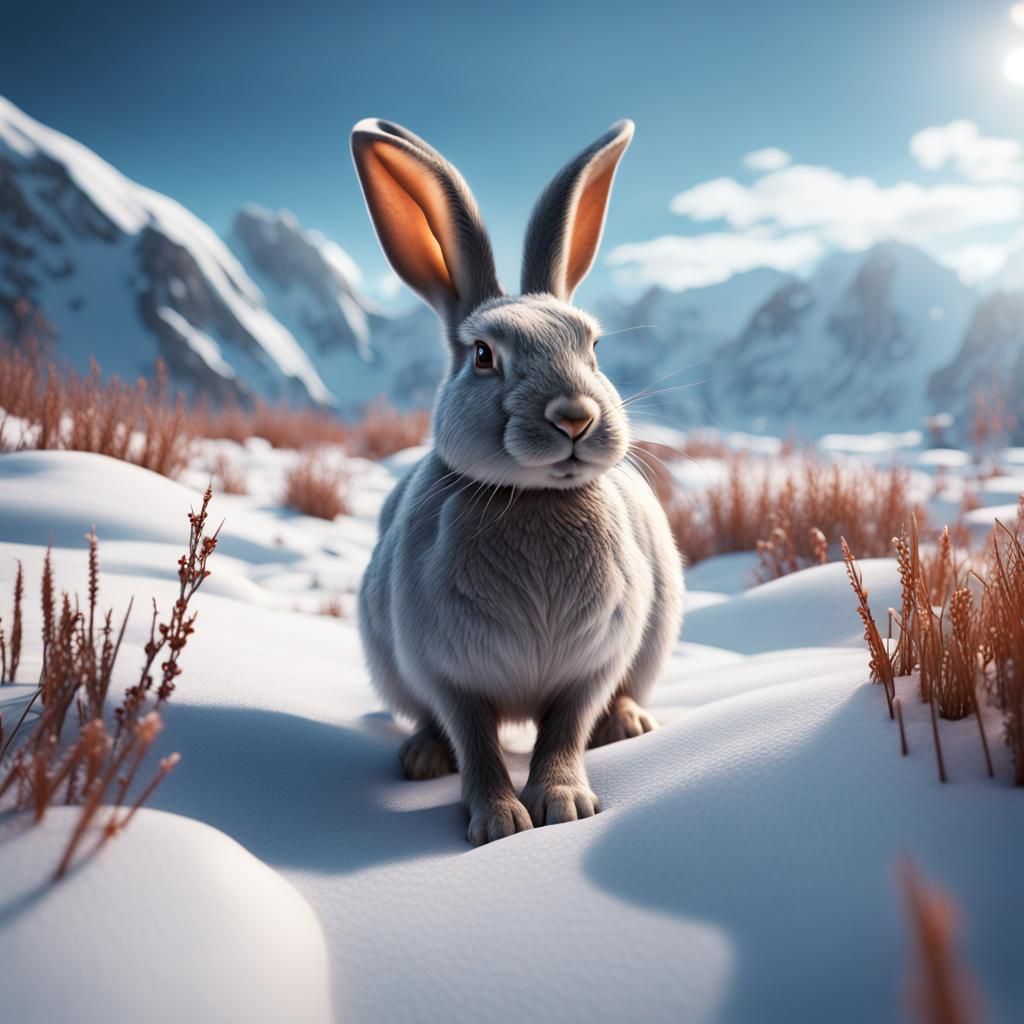 Rabbit in Snowy Field: Detailed Matte Painting