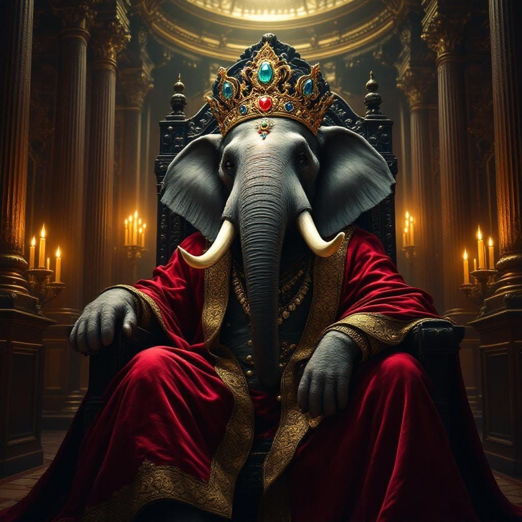Crowned Elephant King on Throne in Opulent Hall