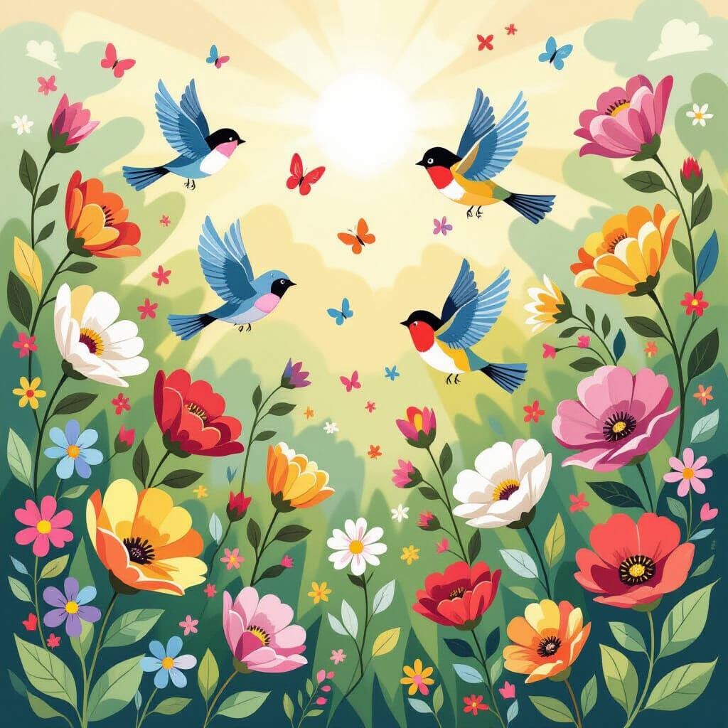 Vibrant Spring Meadow with Joyful Birds