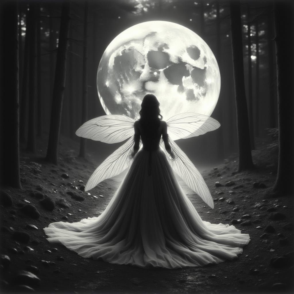 Mysterious Fairy Silhouette Under Moon in Vintage Style