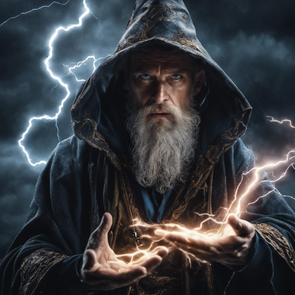 Hyperrealistic Wizard Conjuring Lightning with Blue Eyes