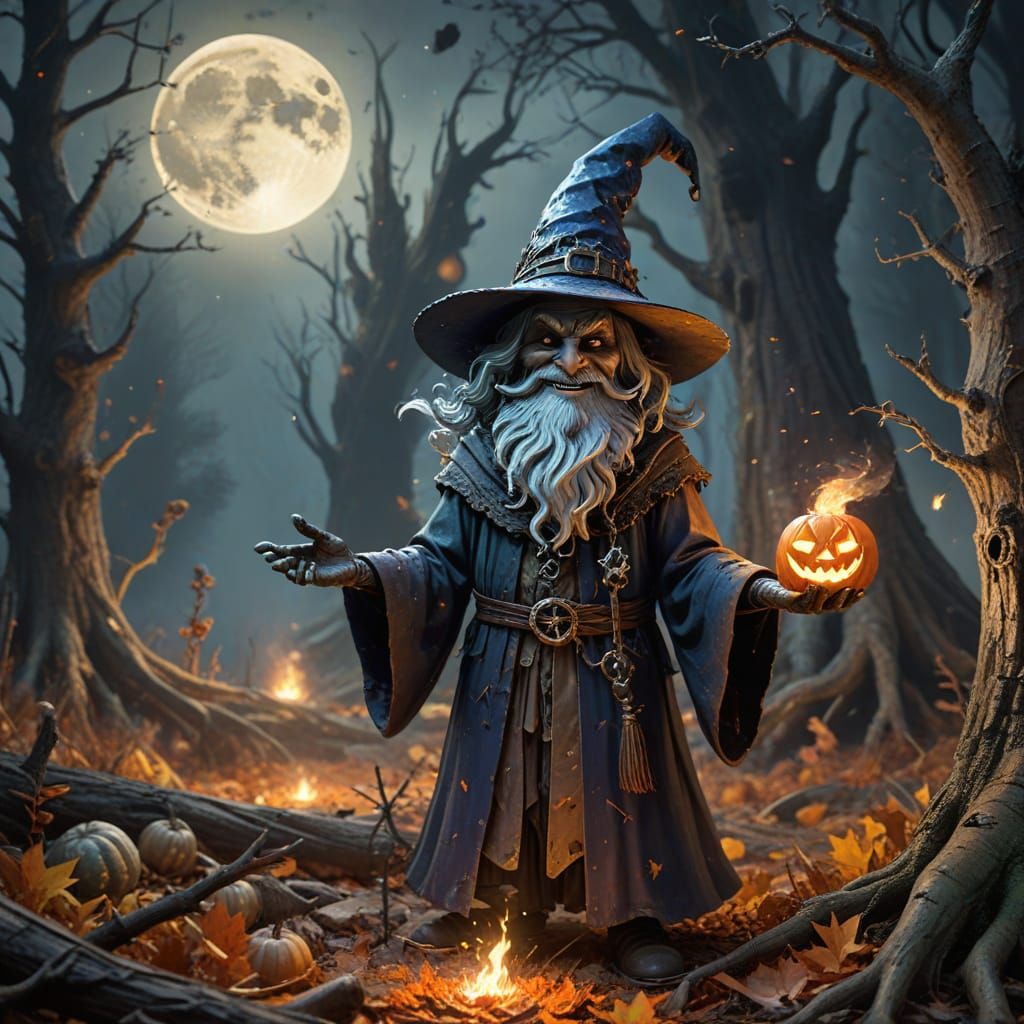 Anthropomorphic Wizard Conjures Autumn Vortex in Ancient For...