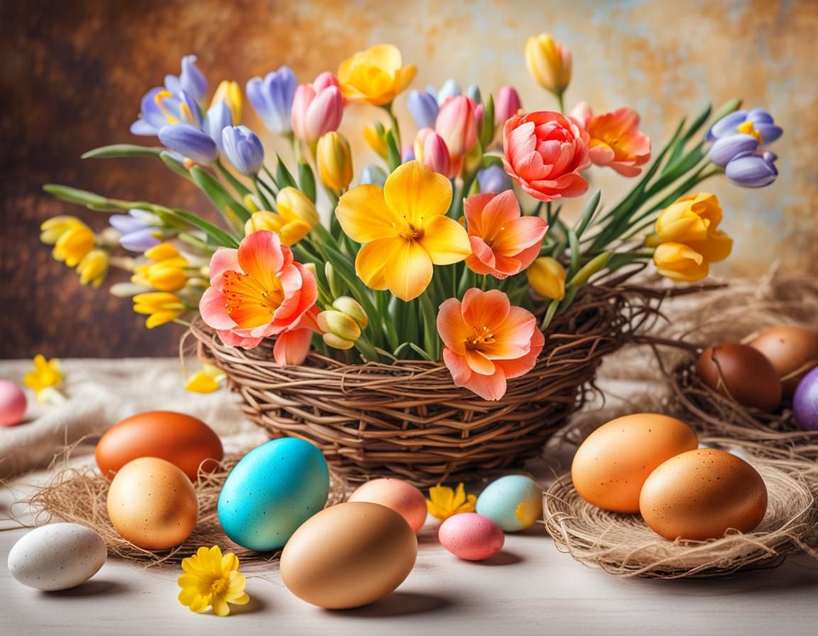 Easter Eggs and Spring Flowers Still Life