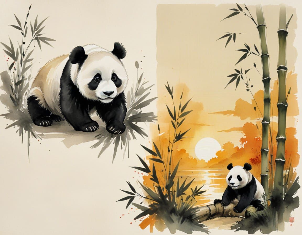Panda on Bamboo Path at Sunset with Vibrant Ink Wash