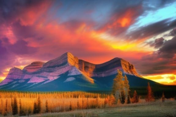 Alberta's Rundle Mountain: Hyperrealistic Autumn Sunset