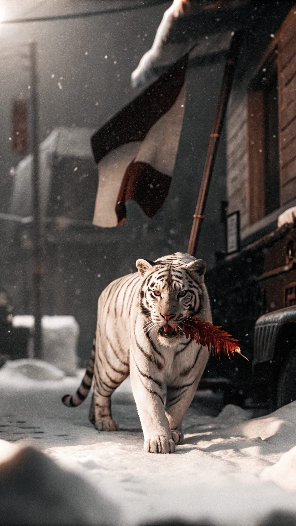 Regal Tiger Carries Red Feather Through Snowy Winter Night