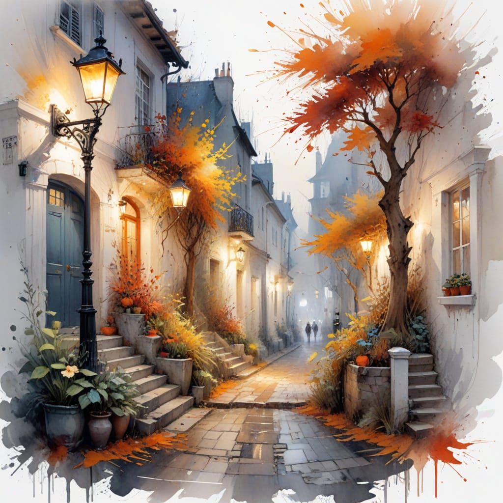 Autumn Cobblestone Street in Watercolor Style