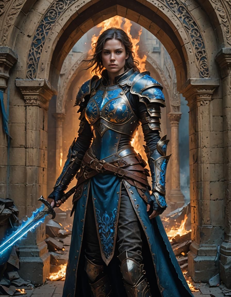 Armored Woman with Flaming Sword in Archway