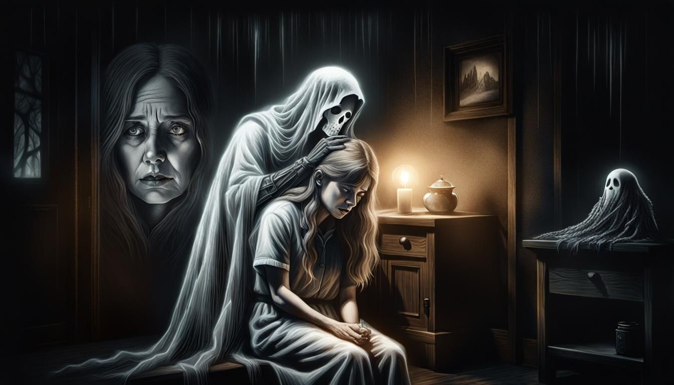 Ghost Comforting Woman: Hyperdetailed Charcoal Drawing