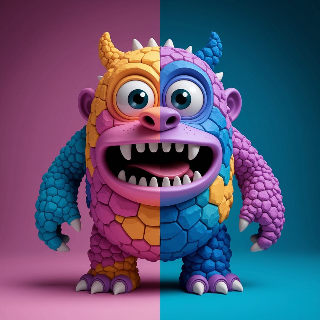 Vibrant Cartoon Monster in Gouache Style