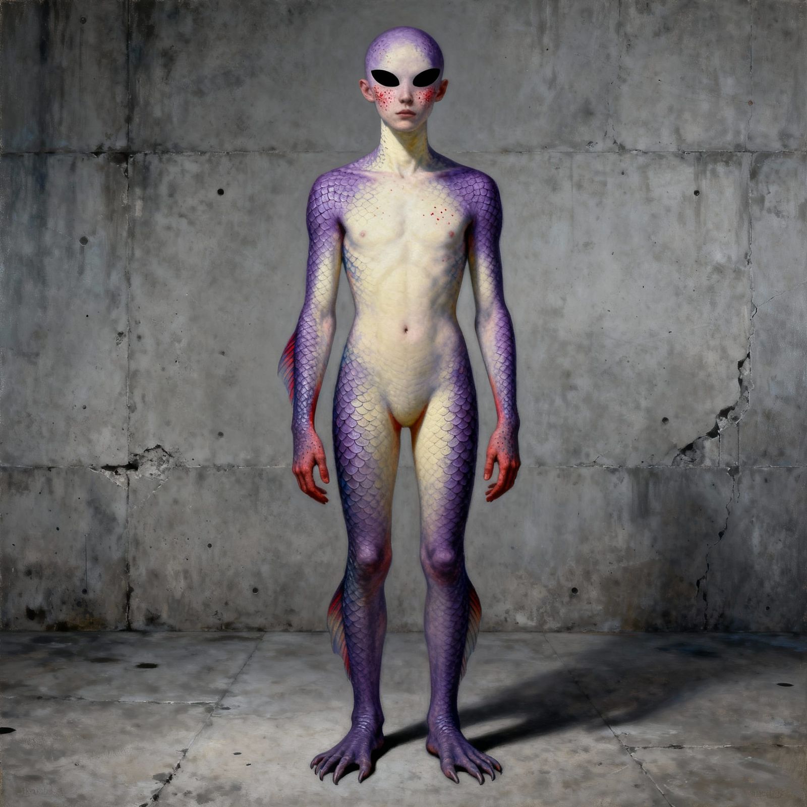 Surreal Androgynous Figure with Lilac Scales as Oil Painting