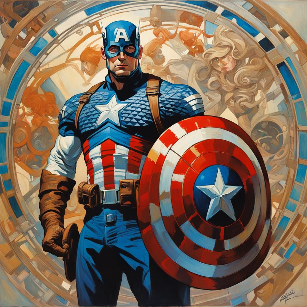 Marvel Captain America head and torso in a modernist Alphonse Mucha painting
