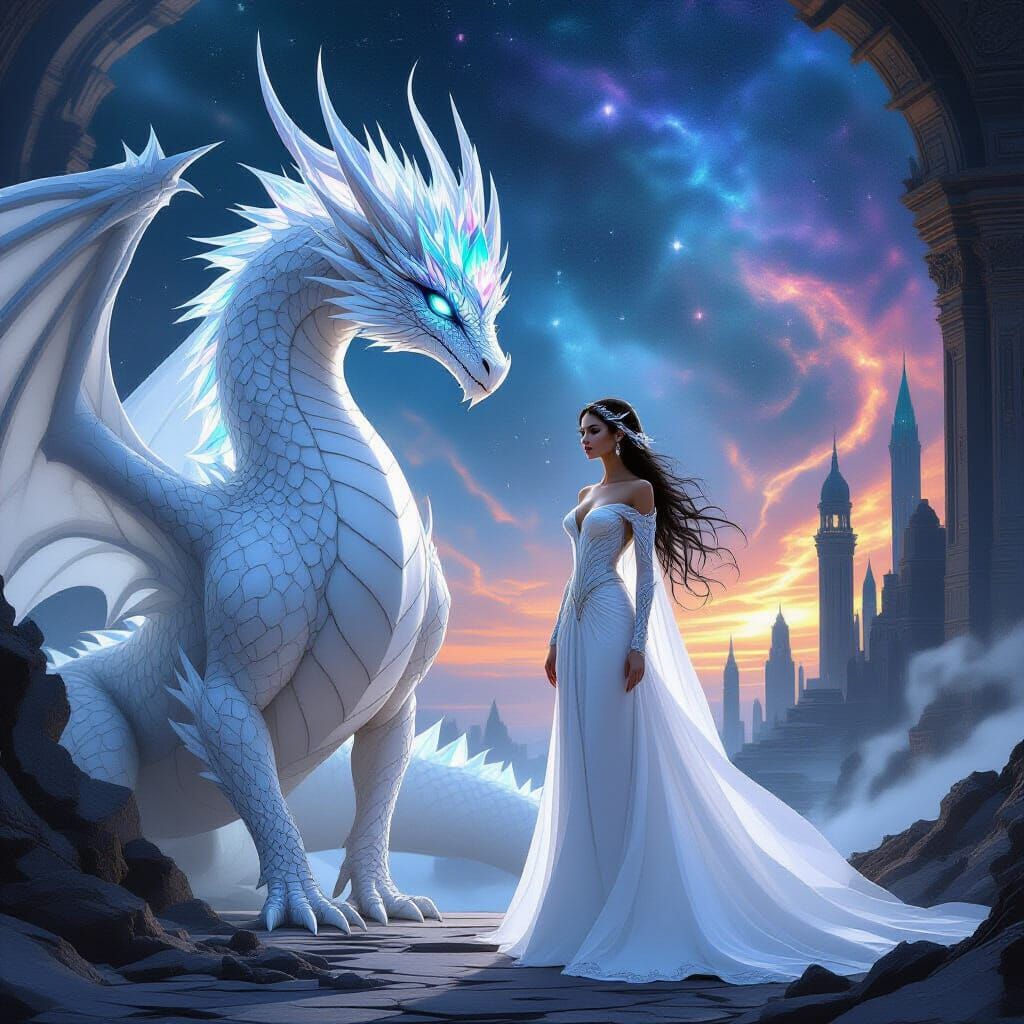 Majestic Dragon and Ethereal Entity in Cosmic Fantasy Landsc...
