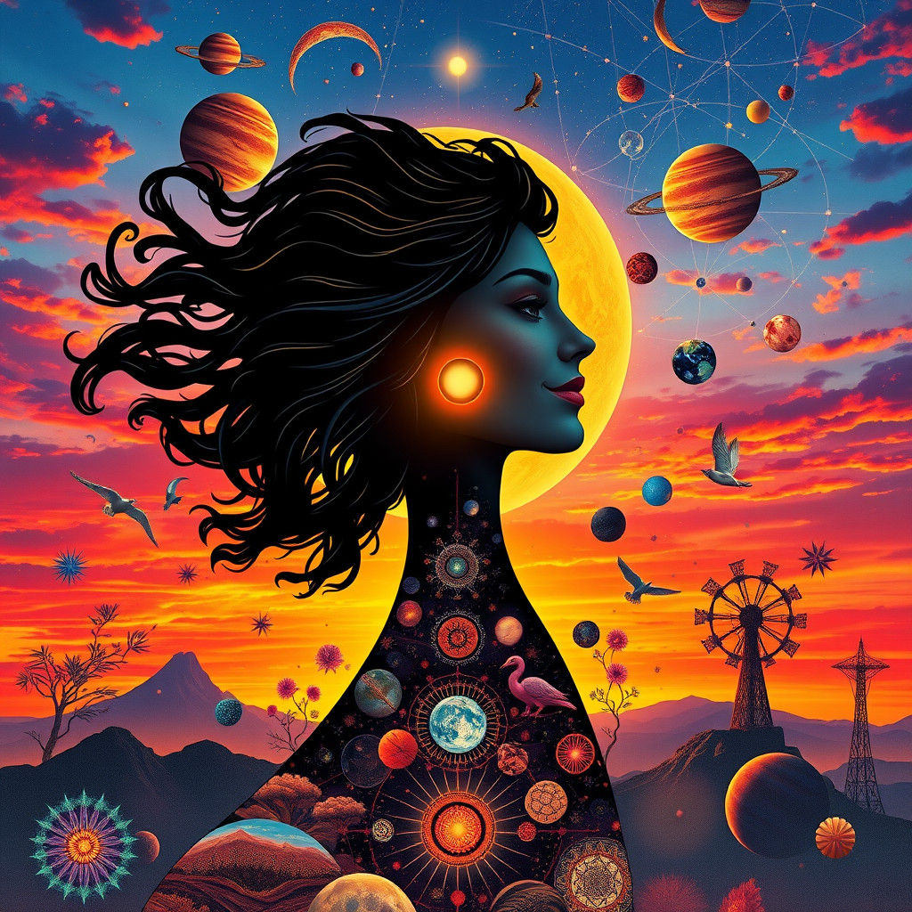 Lady Cosmos Silhouette at Sunset: Digital Art