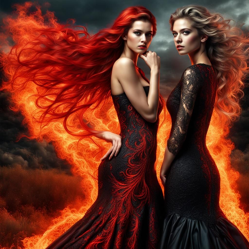 Hyperdetailed Women in Red and Black with Fire