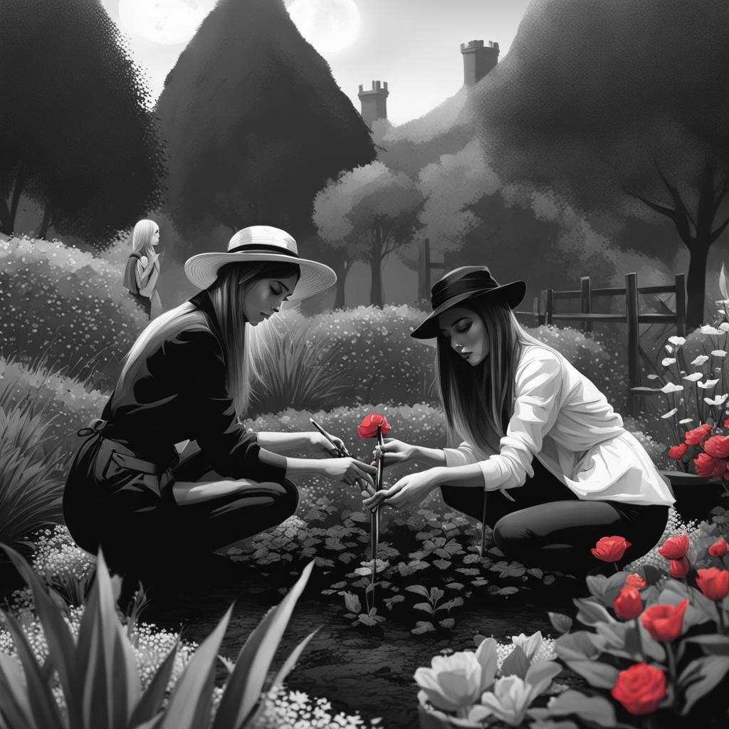 Lesbians Digging in Garden: Selective Color Concept Art