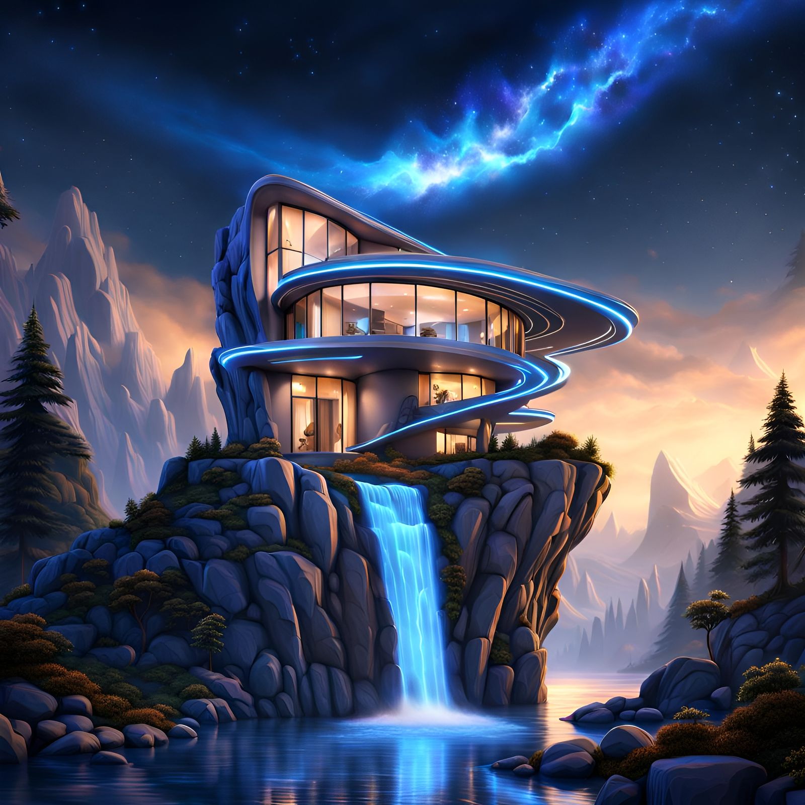 Futuristic Waterfall House with Starry Sky
