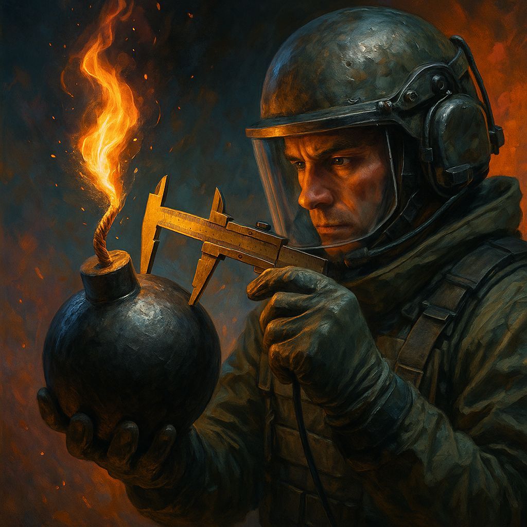 Sapper Measuring Burning Bomb in Dramatic Style
