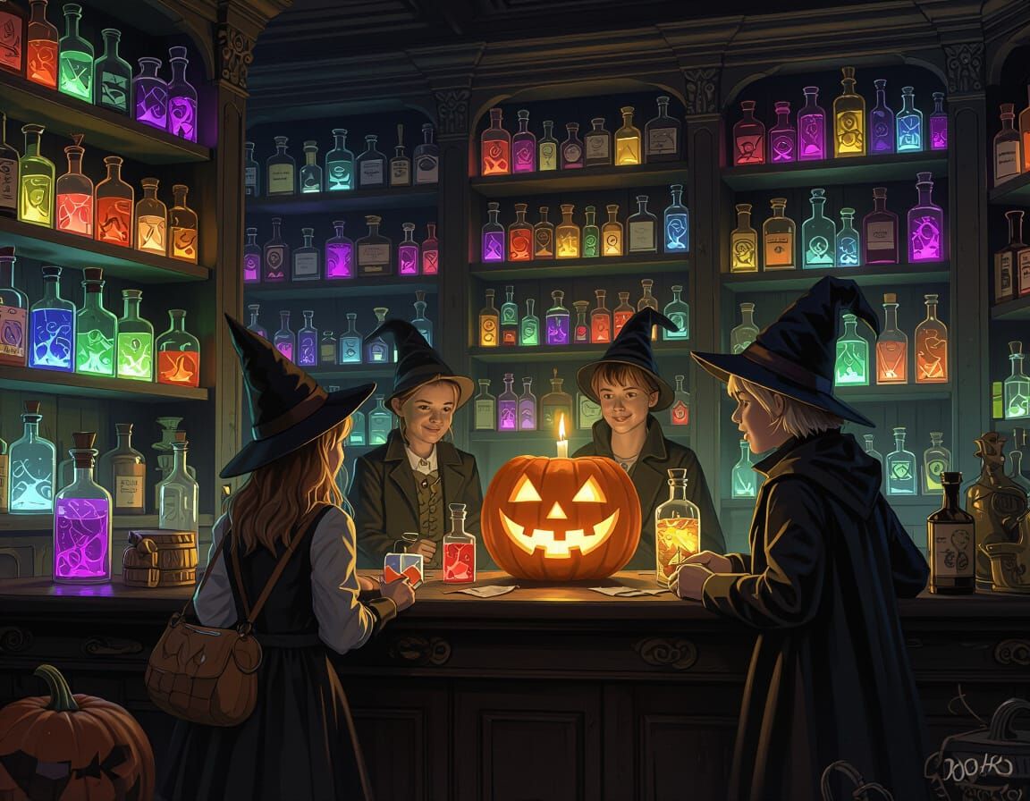 Fantasy Pharmacy Scene With Potion Bottles and Jack-o-Lanter...
